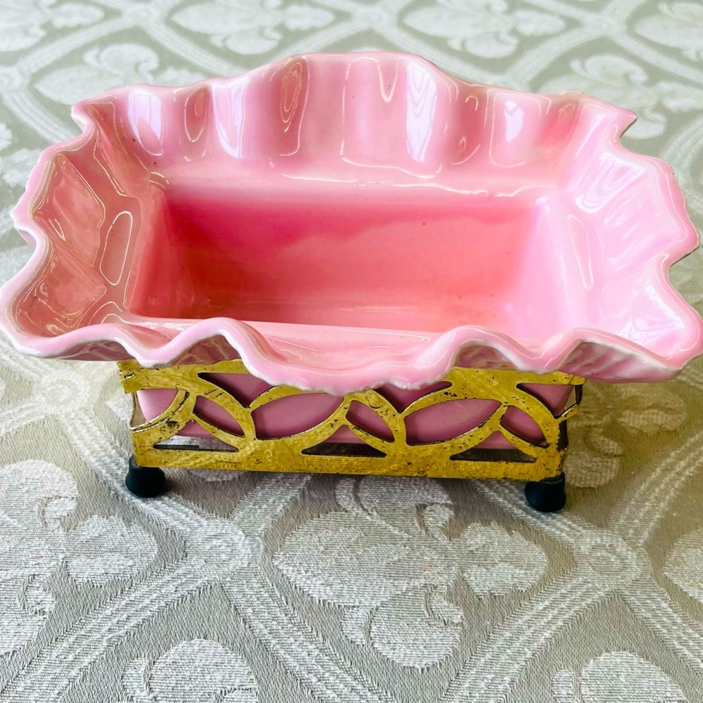 Vintage MIRAMAR Pink Ceramic Planter and Gold Metal Base